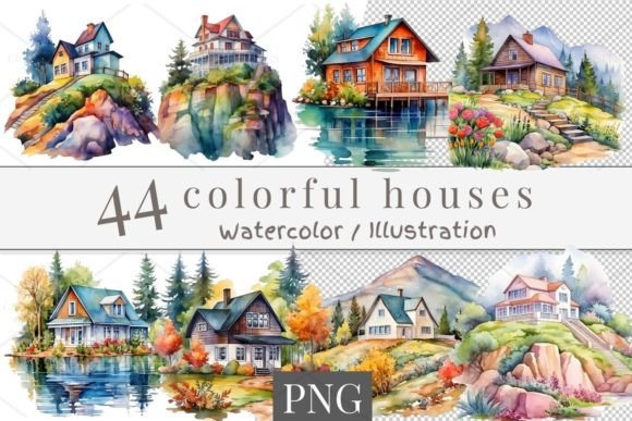 44 Watercolor Houses, PNG 769