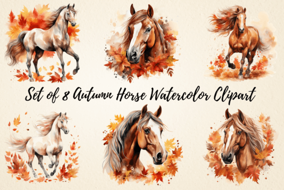 Autumn Horse Watercolor Clipart: Rustic Charm for Local Branding & Seasonal Packaging