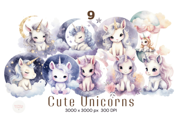 Cute Unicorns Clipart Watercolor