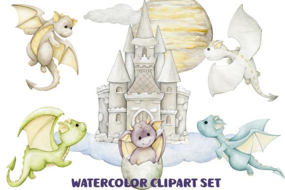 Dragons Set Watercolor Clipart Baby PNG