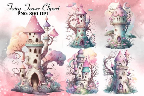 Fairy Tower Watercolor Clipart Bundle for Crafting Magic