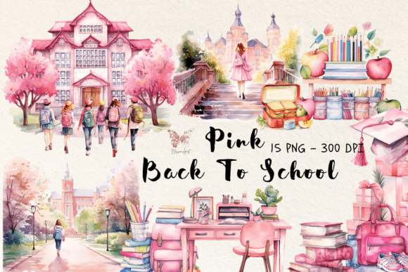 h1Pink Back to School Watercolor Cliparts for Branding & Marketing Visuals/h1