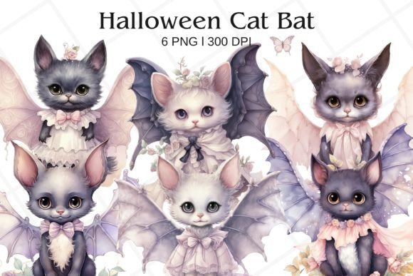 Halloween Cat Bat Watercolor Clipart for Crafters & Etsy Sellers