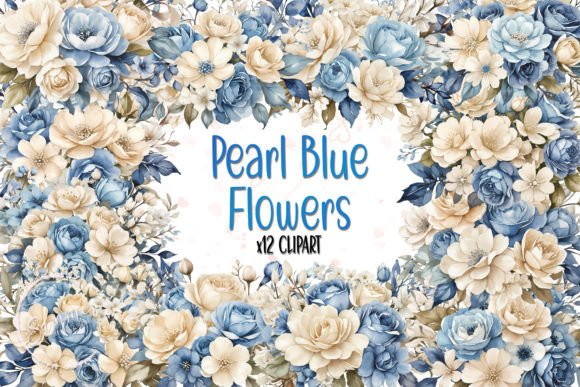 Ivory Pearl Blue Flowers Watercolor for Real Crafting & Handmade Business Use