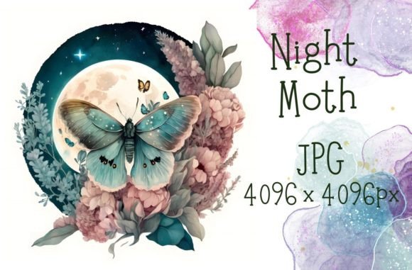 Night Moth Moon Witchy Vibes Watercolor for Editorial & Web Illustrations