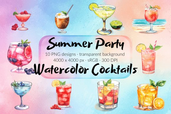 Summer Watercolor Cocktail Party Clipart for Creative Sellers