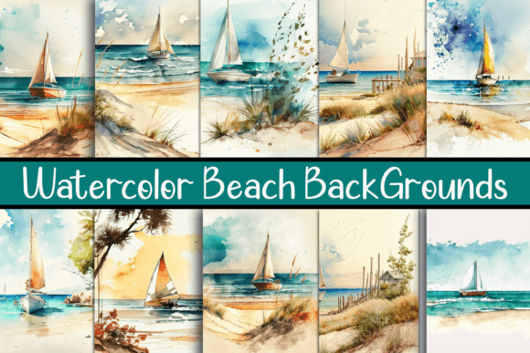 Watercolor Beach Scene Backgrounds: Illustrations for Coastal-Inspired Branding