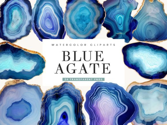 Watercolor Blue Agate Clipart Bundle