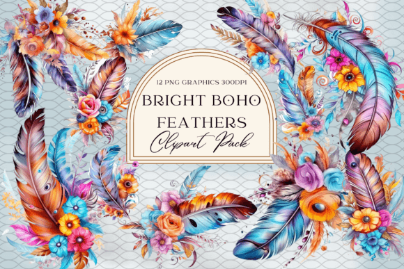 Watercolor Bright Boho Feather Graphics for Crafters & Etsy Sellers
