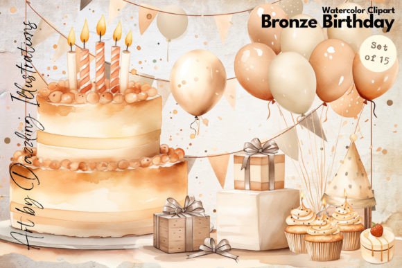 Watercolor Bronze Birthday Elegance Illustrations: A Designer’s Review for Branding and Marketing Use