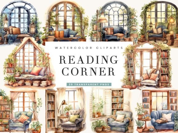 Watercolor Cozy Reading Corner Clipart: A Soft Touch for Local Branding and Packaging