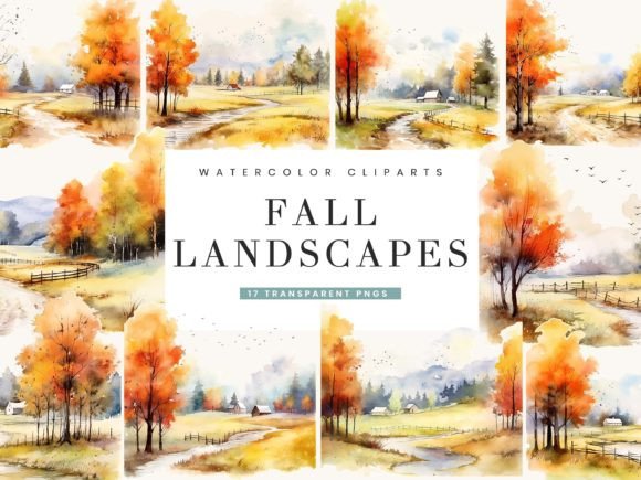 Watercolor Fall Landscapes Clipart for Crafting & Handmade Business Use
