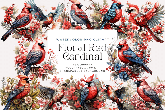 Watercolor Floral Red Cardinal Illustrations for Creative Sellers