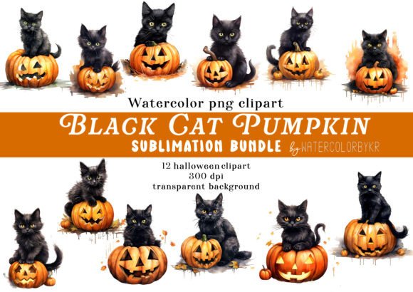 Watercolor Halloween Black Cat Bundle – Perfect for Festive Craft Projects