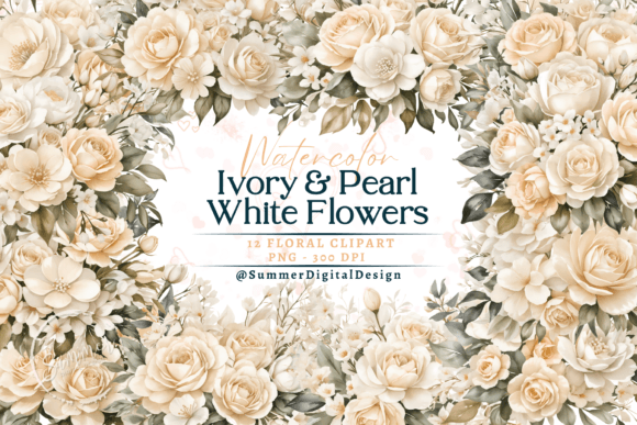 Watercolor Ivory & Pearl White Flowers Illustrations for Crafters