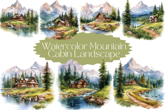 Watercolor Mountain Cabin Landscape Illustrations for Authentic Brand Storytelling
