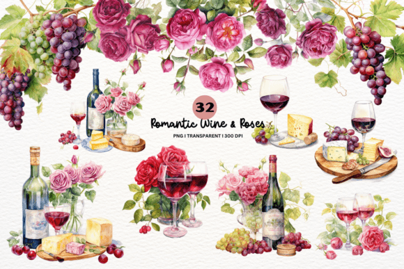 Watercolor Rose and Wine Illustrations for Elegant Blog and Editorial Design